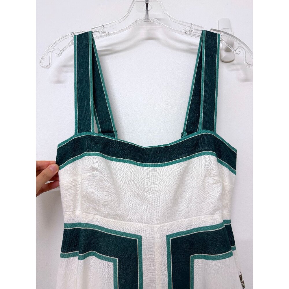 NWT Alemais Frutta Midi Sun Dress White Green Floral Fruit Stripe Linen AU 8 US4 - Picture 8 of 16